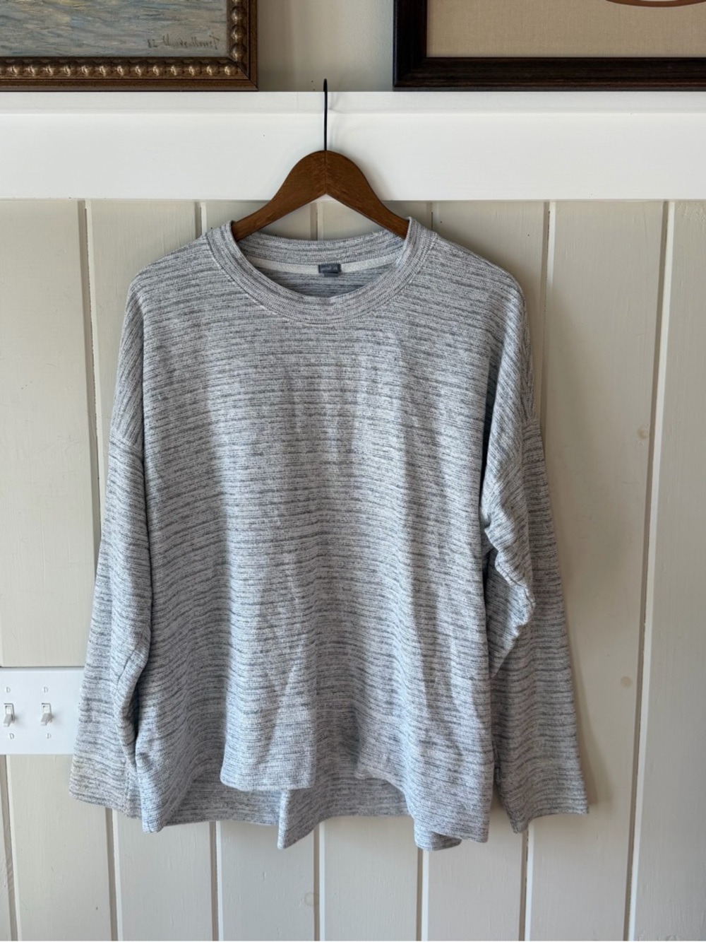 aerie Heathered Gray Striped Knit Oversized Sweatshirt, Size Large